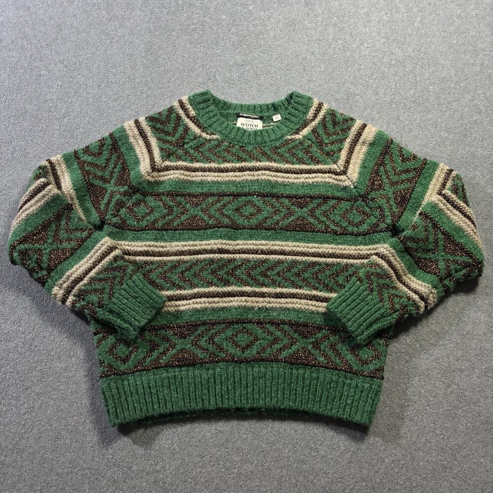 Scotch & Soda Metallic Fair Isle Knit Sweater Women Size Small Green Frozen Mint